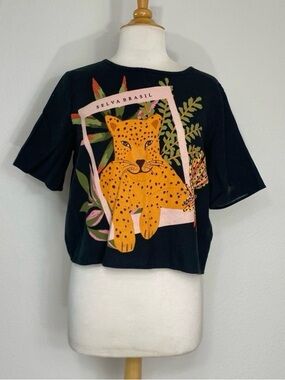 3/$25 Bluesteel Black Cheetah Print Linen Mix Boxy T-Shirt Size Medium Tropical